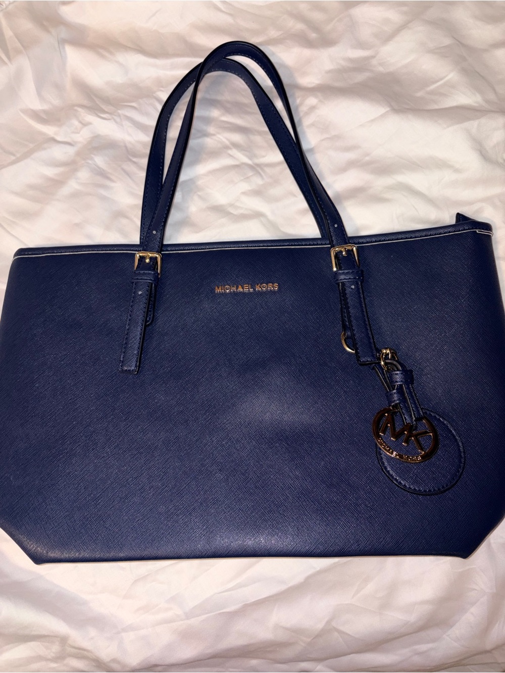 Michael Kors Navy Saffiano Leather Tote with Gold Hardware